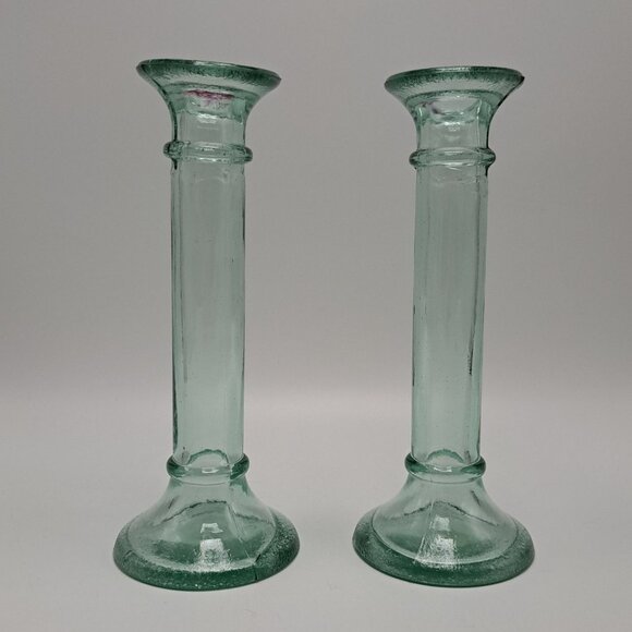Vintage Recycled Glass Candlestick Holders Pair Made In Spain - Picture 1 of 9